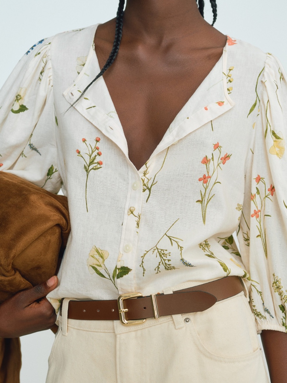 H&M Floral Puff Sleeve Button Front Blouse Linen Blend XS